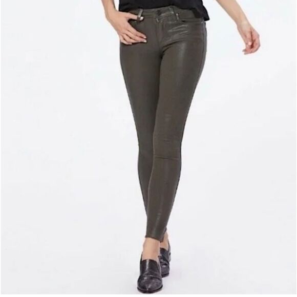 Paige Denim Hoxton Ankle Skinny Leg Jean Forest Green Chive Luxe Coating Size 26 - Picture 1 of 11